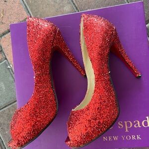 Christian Louboutin Red Glitter Peep-Toe Pumps SZ 41 DOROTHY WICKED WIZARD OF Oz